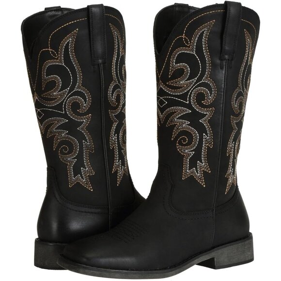 Black Women's Wide Width Cowboy Boots Square Toe Mid Calf Western Cowgirl Boots - Picture 8 of 8